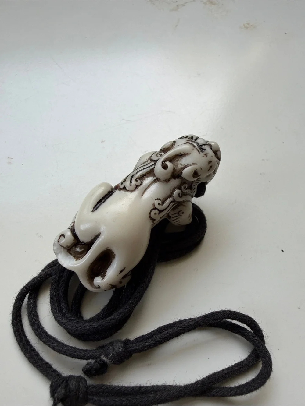 Vintage Handcrafted White Chinese dragon Pendant Necklace with Black Cord